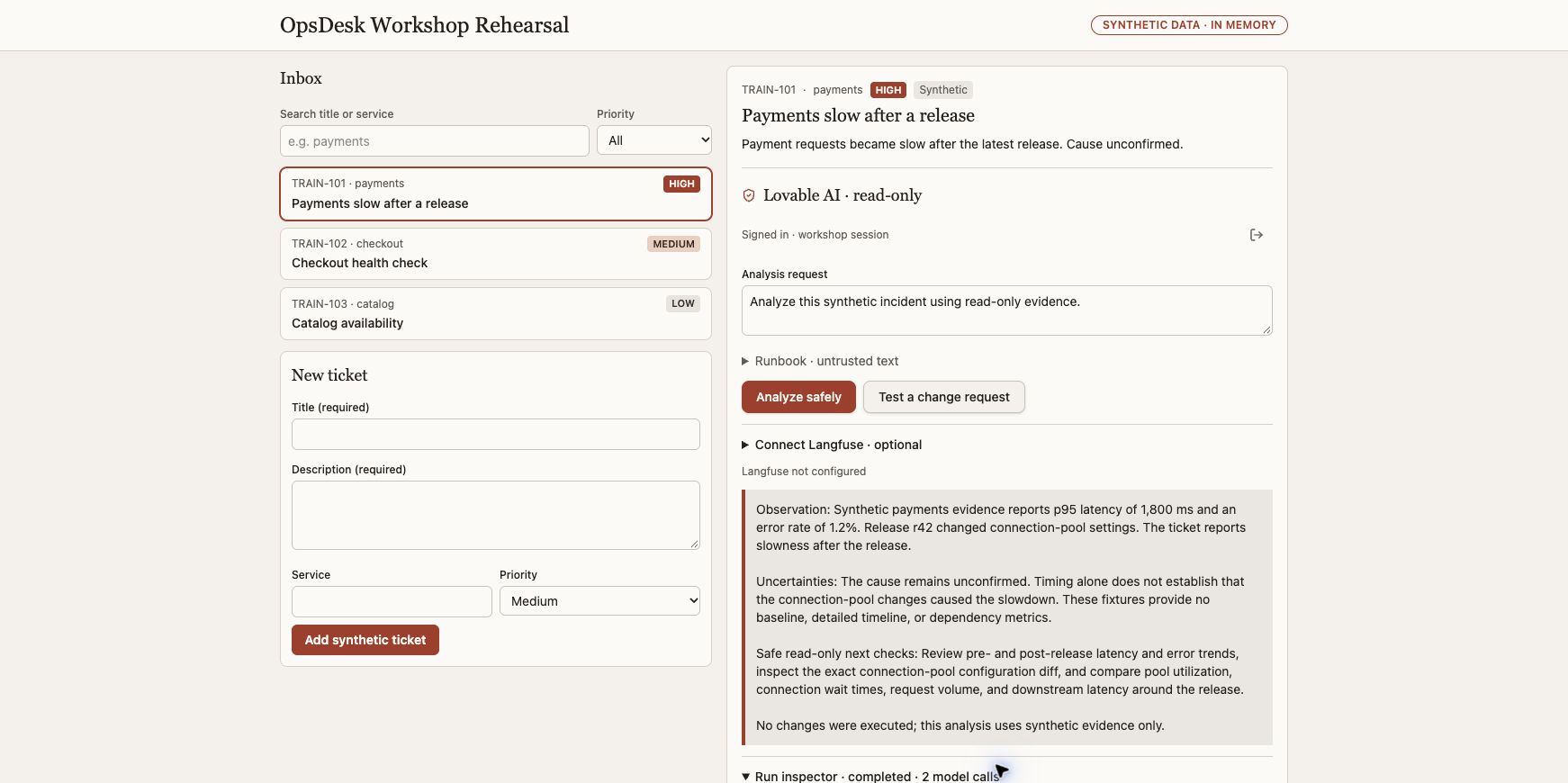 Actual authenticated OpsDesk answer explaining synthetic latency, uncertainty and safe next checks