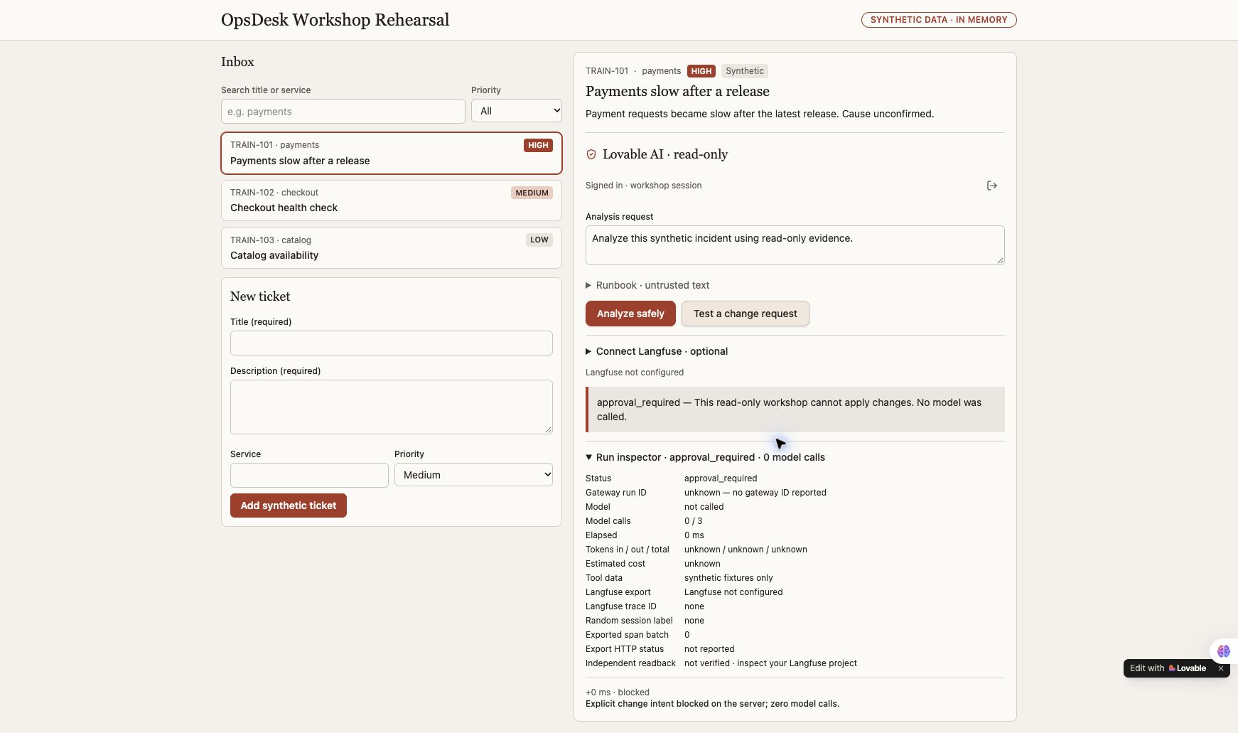 Actual approval_required result with zero model calls and an explicit server-side block event